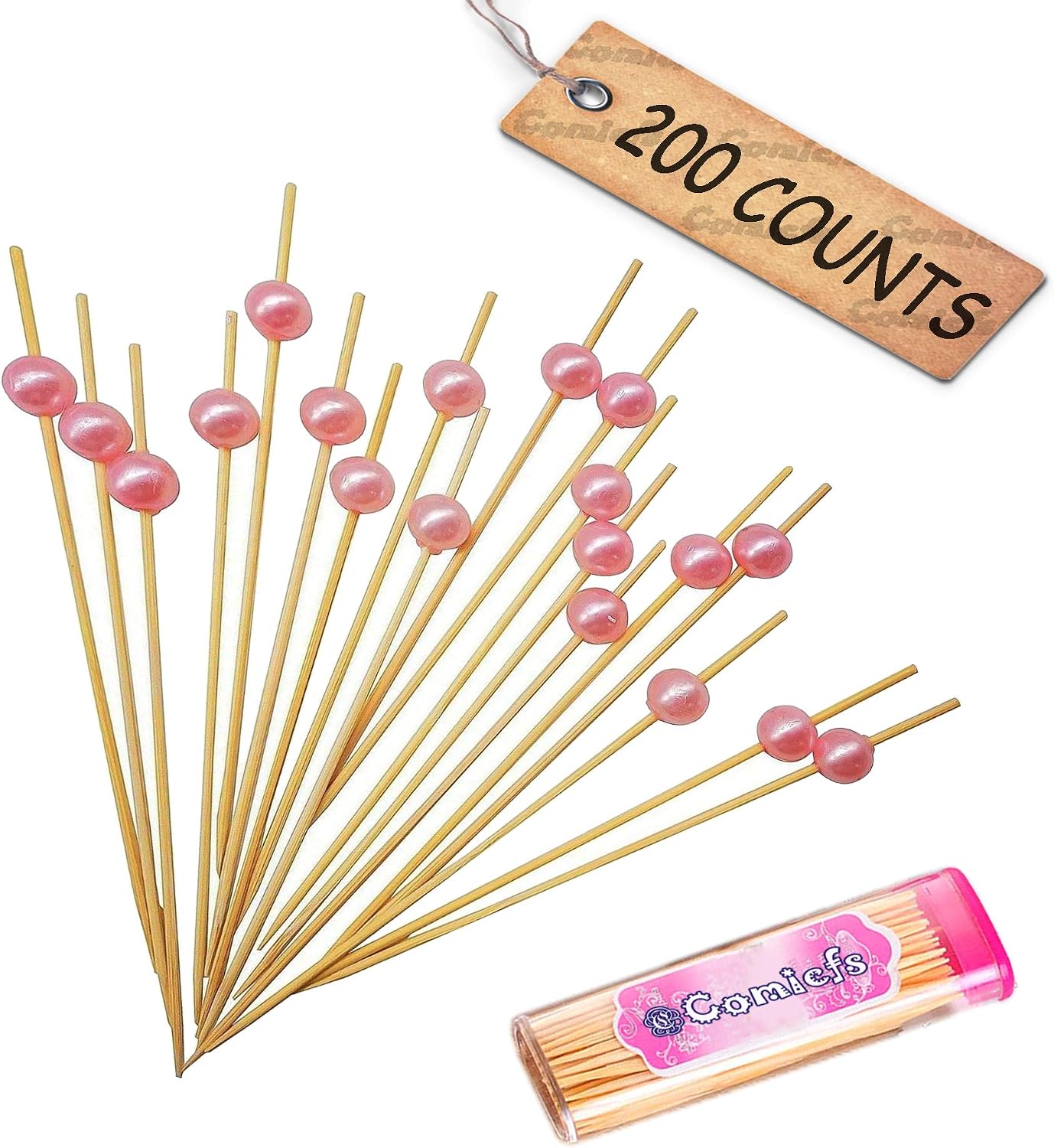 Comicfs 200 Counts Cocktail Picks 4.7" Handmade Bamboo Picks Toothpicks Sandwich Appetizer Cocktail Sticks Party Supplies BONUS Comicfs Portable Toothpick Box Pocket Set, Pink Pearl -32