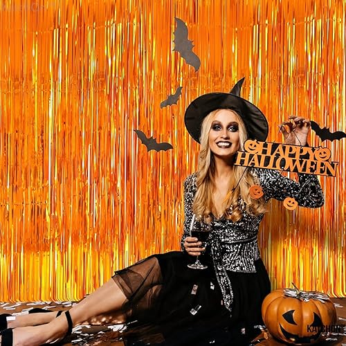 Vista 5 de KatchOn - Telón de fondo de flecos naranja extra grande de 6.4 x 8 pies, paquete de 2 Decoraciones de cumpleaños naranja Telón de fondo