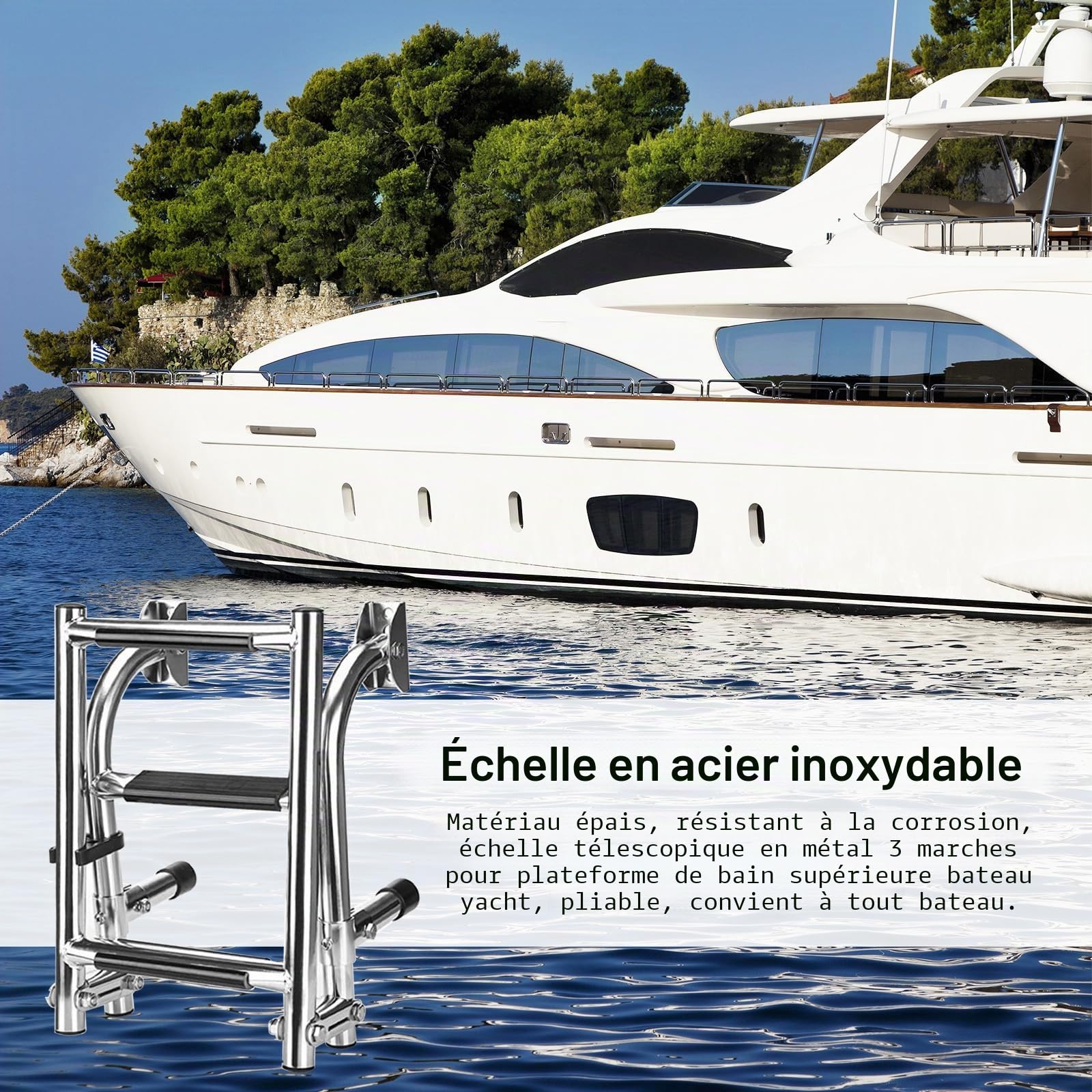 Aisny Échelle Natation à 3 Marches en Acier Inoxydable 304, Échelle Piscine Bateau Échelle Télescopique Pliable à 180 Degrés, Échelle Bateau Flottante Pour Quai Piscine Yacht Marin