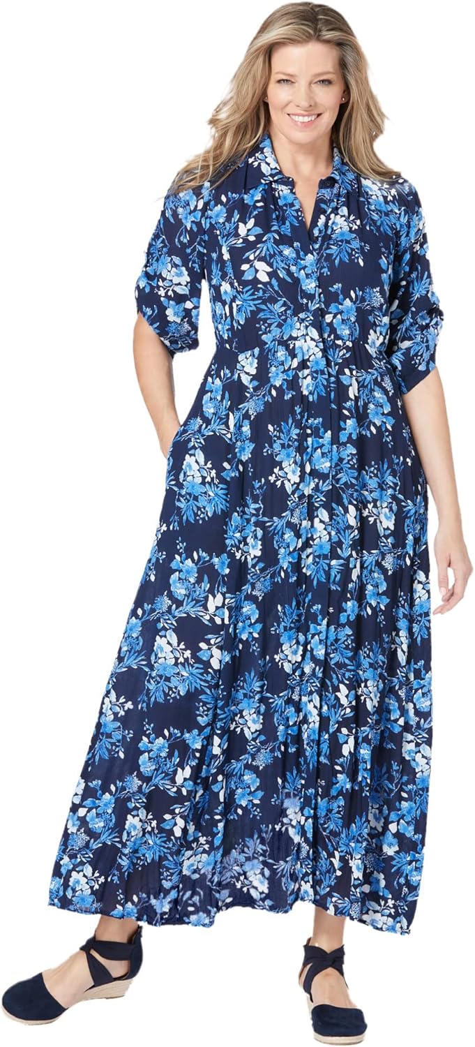 Woman Within Plus Size Roll-Tab Sleeve Crinkle Shirtdress