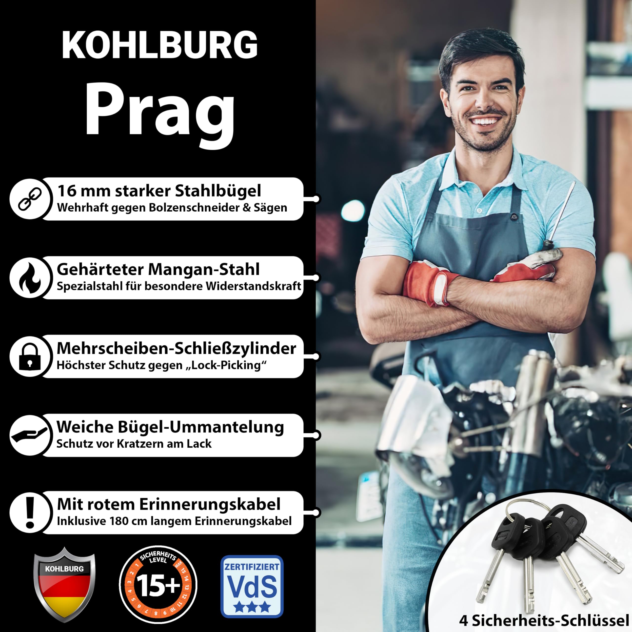 KOHLBURG sicheres Motorradschloss - Bremsscheibenschloss mit höchster Sicherheitsstufe 15plus von 15 - Hinterradschloss 16mm stark - Diebstahlsicherung für Motorrad Moped Vespa Roller & Scooter