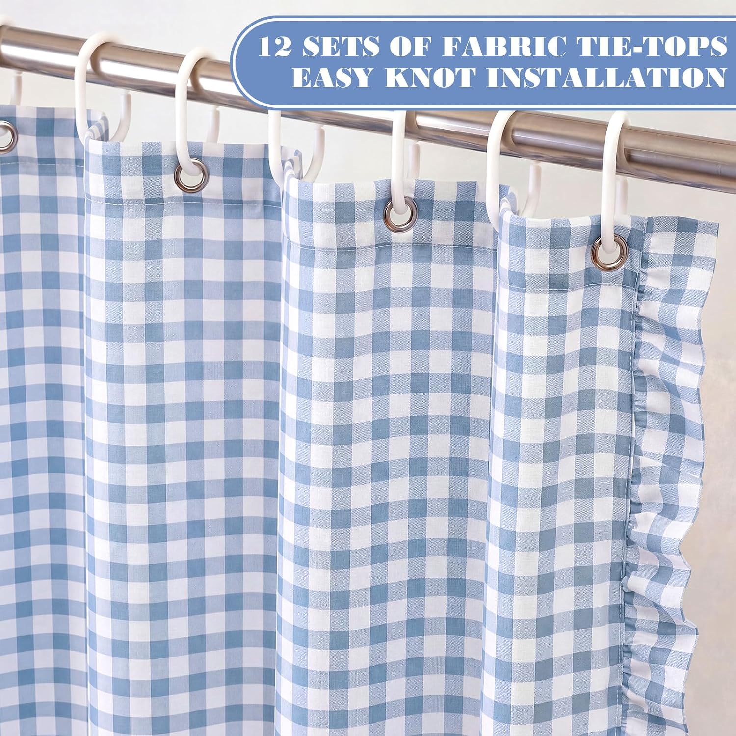 Gingham Ruffled Shower Curtain 72 x 72 Inches Blue White Check Gingham Shower Curtain with Ruffle Edge Vintage Country Style Fabric Vintage Bath Decor for Farmhouse Bathroom