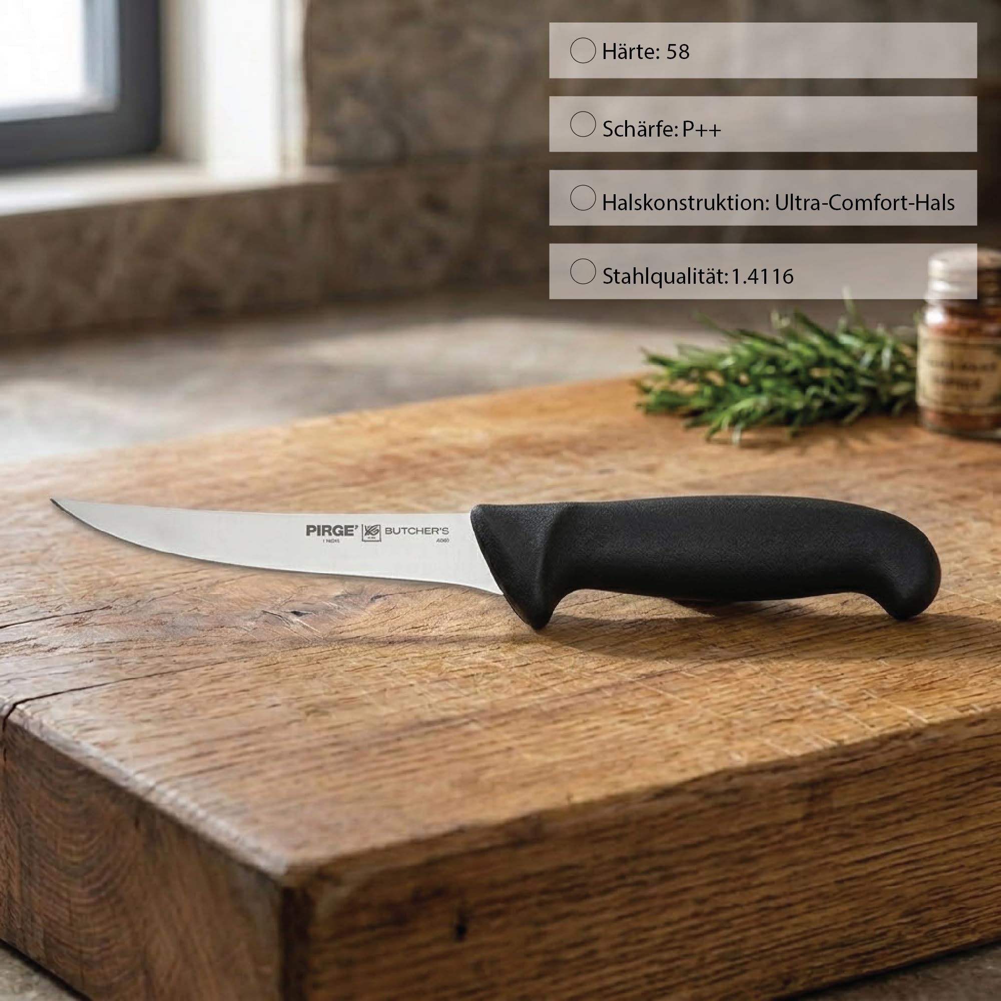 Pirge Butcher's Germany Sıyırma Bıçağı Kıvrık Sert 15 cm Siyah