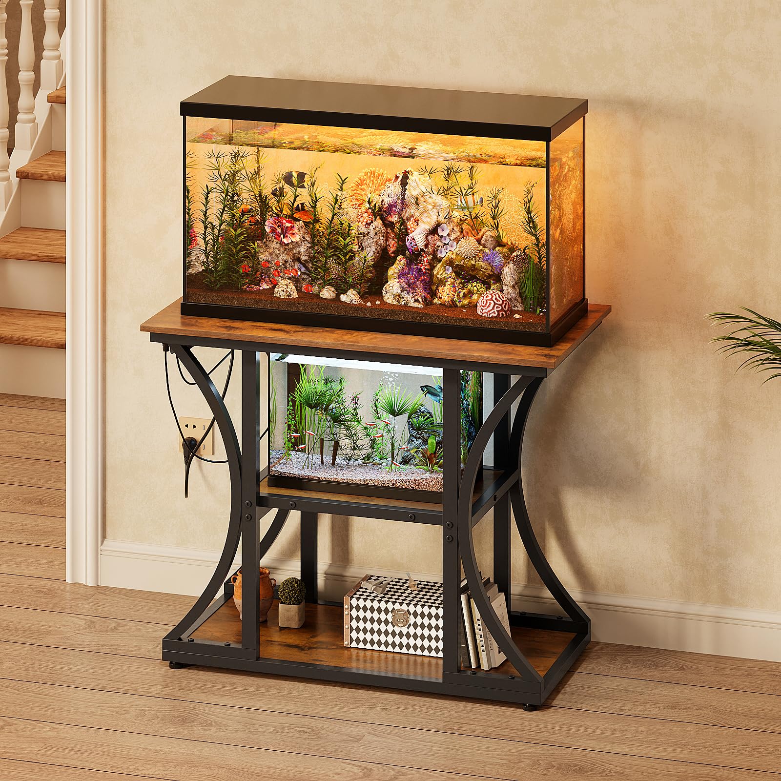 VEDECASA Supporto per acquario da 50 galloni con prese, scaffale rustico per acquario con 3 livelli, cassetto in tessuto per acquari, rettili e terrari, robusto telaio in metallo (marrone)