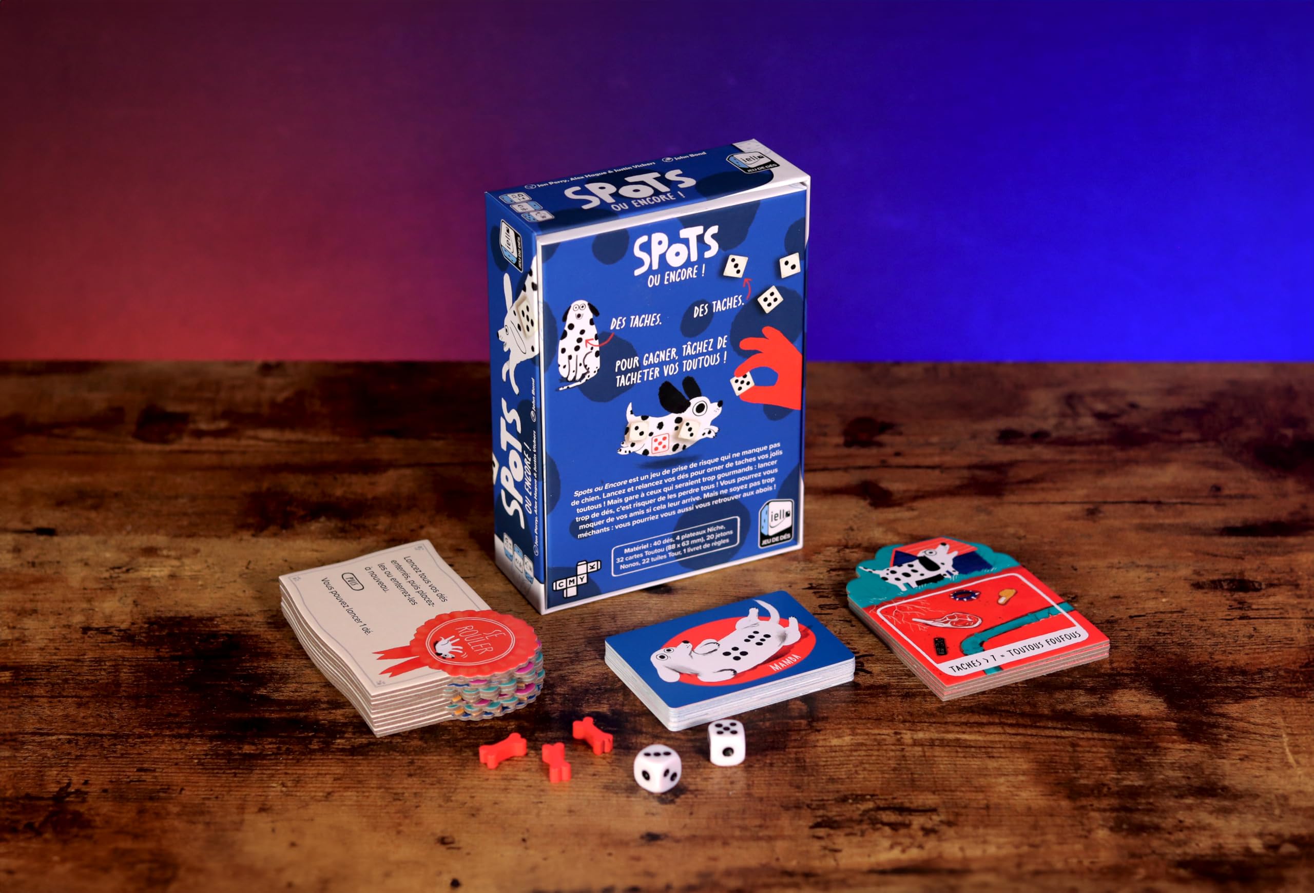 IELLO Dados Spots o Encore – Juego de Dados y Perros Todos, Stop o Encore y Colocación en Cartas, 1 a 4 Jugadores – Ilustraciones Adorables
