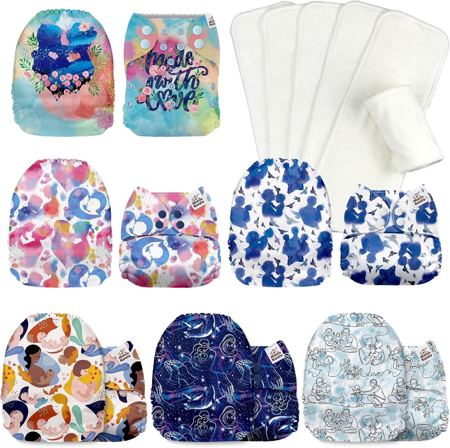 Mama Koala 1.0 Baby Cloth Diapers with 6 Inserts Bundle(160035), with 6pcs 5-Layer Bumboo (No Microfiber) Inserts