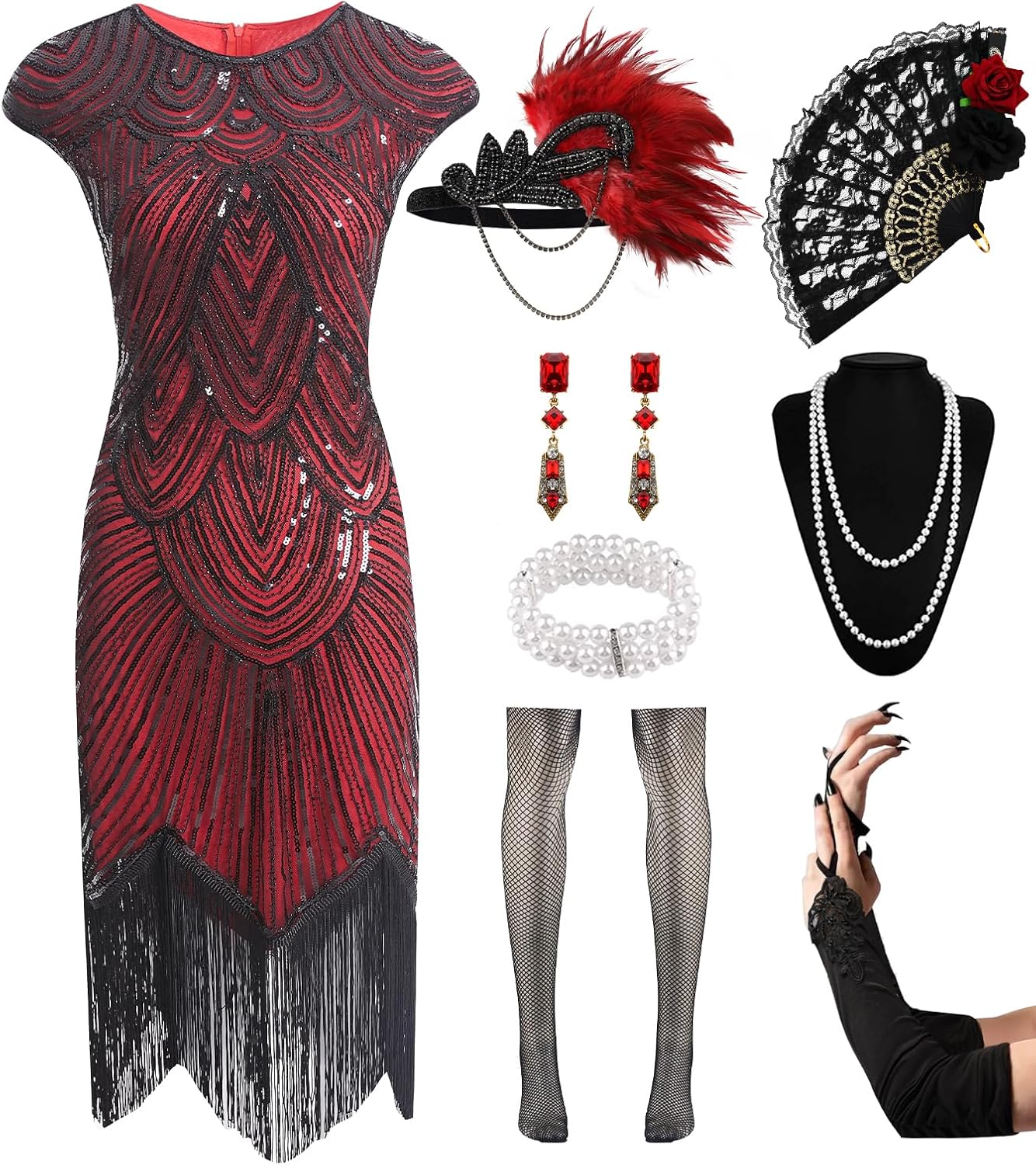 Women's Flapper Dresses 1920s Sequin Fringe Beaded Cocktail Crew Neck Dress Roaring 20s Accessories Vintage Lace Fan Headband