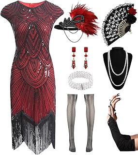 Women's Flapper Dresses 1920s Sequin Fringe Beaded Cocktail Crew Neck Dress Roaring 20s Accessories Vintage Lace Fan Headband - Buy now