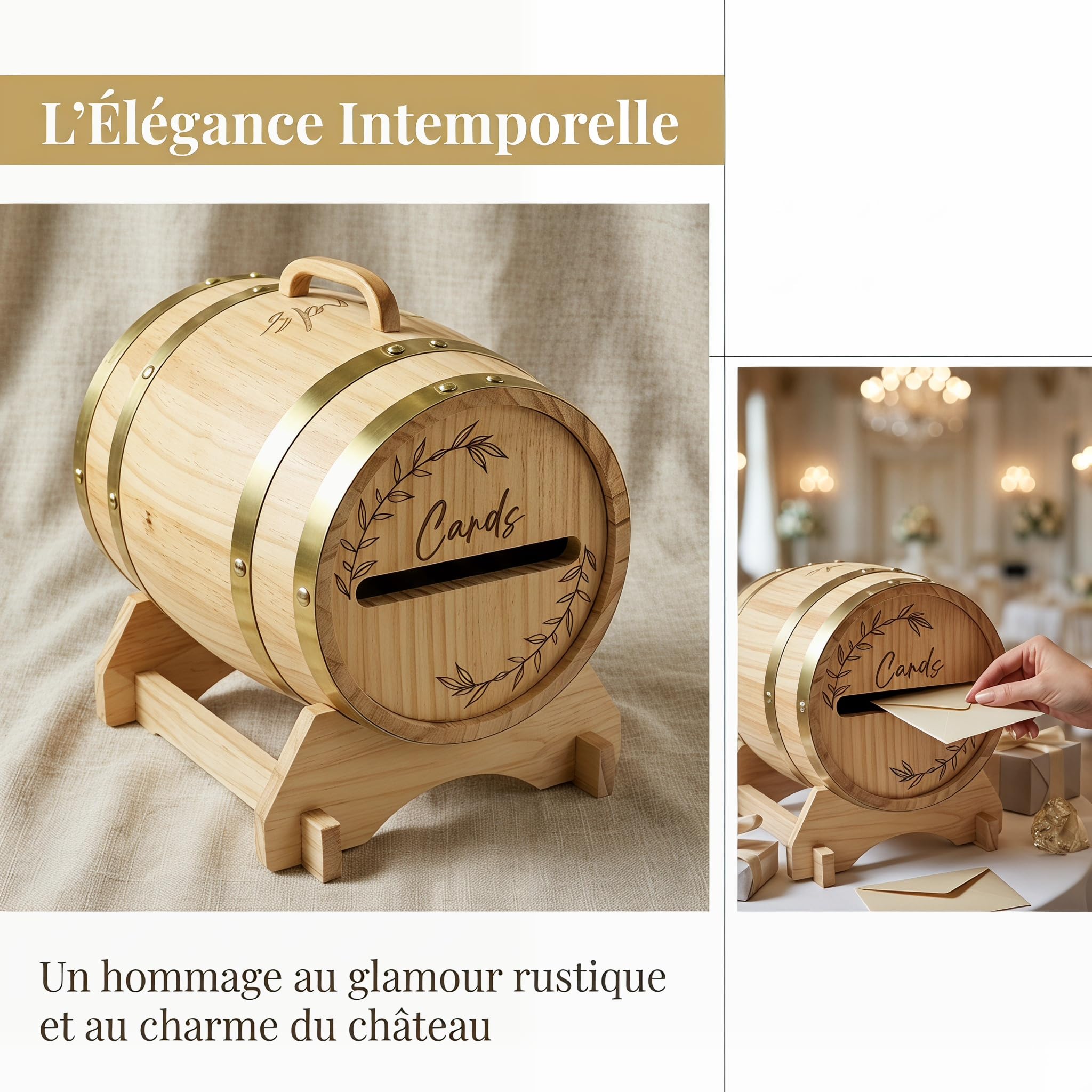 Urne de Mariage en Bois en Forme de Tonneau, Boîte Aux Lettres de Mariage, Boîte à Cartes de Mariage, Couvercle Amovible Boîte à Enveloppes Rustique d'événement pour Futurs Mariés, Anniversaire