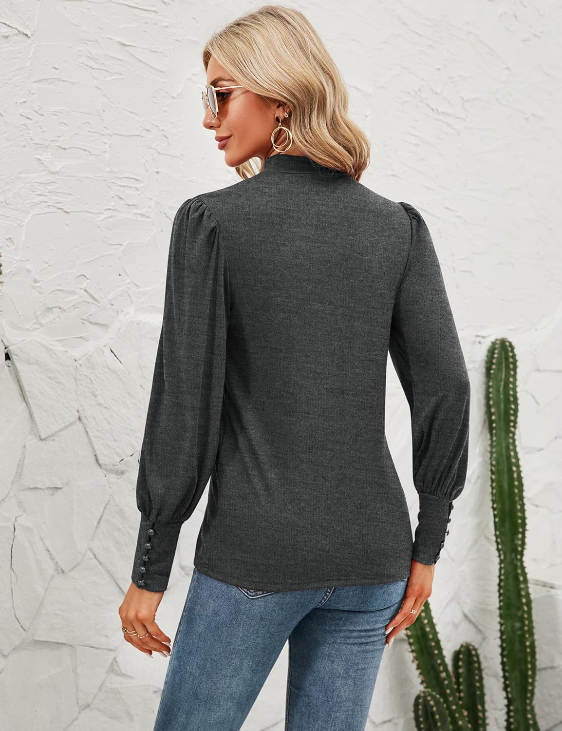 Qirno Womens Mock Neck Puff Long Sleeve Tops Casual Loose Solid Basic T Shirt Button Cuffs Pullovers Shirts Blouse - Image 6