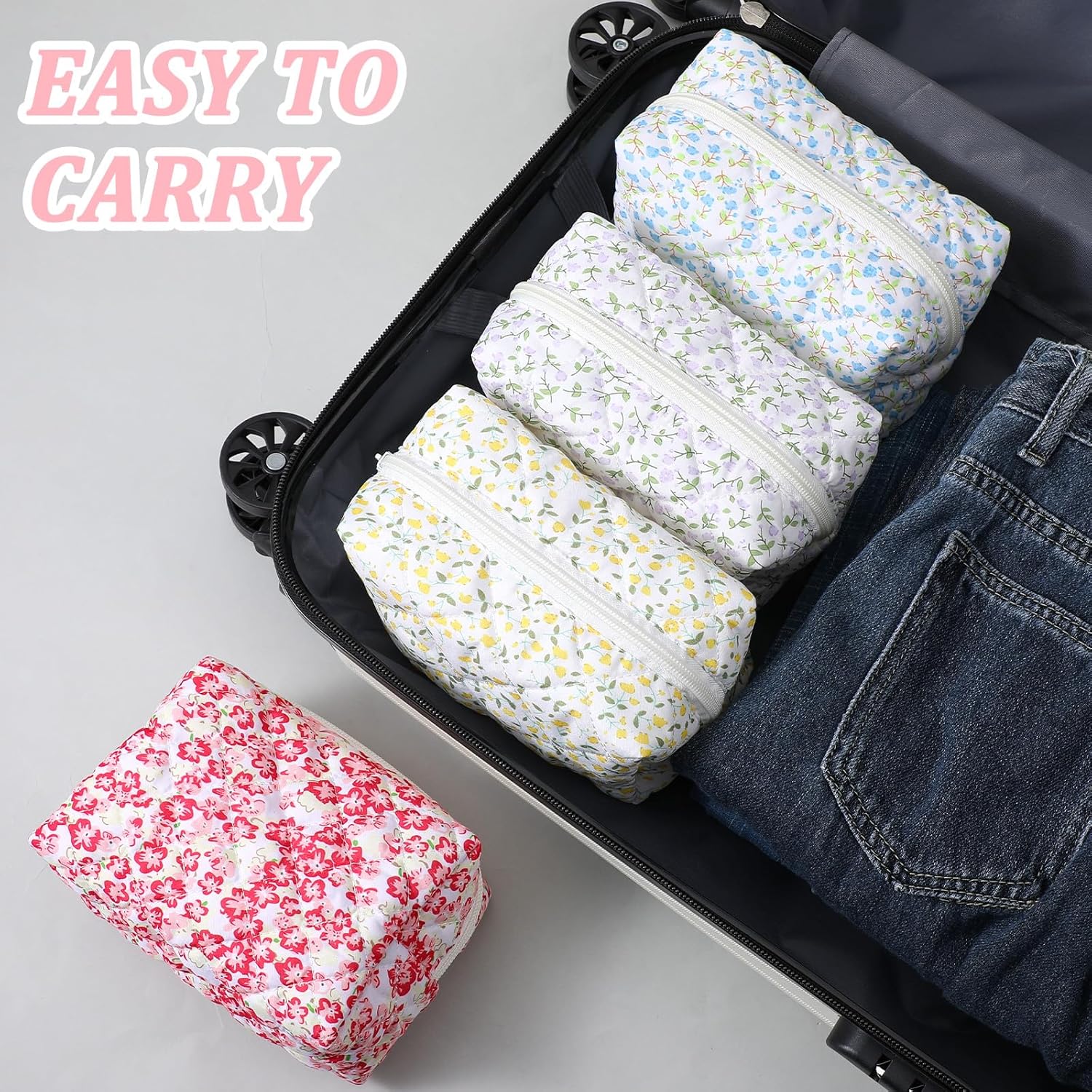 5 PCS Makeup Bag Quilted, Floral Makeup Bags Bulk with Zipper Quilted Cosmetic Bag Cosmetic Pouch Flower Cute Pouches for Cosmetics, Pens and Portable Travel Toiletries-5 Styles - Image 7