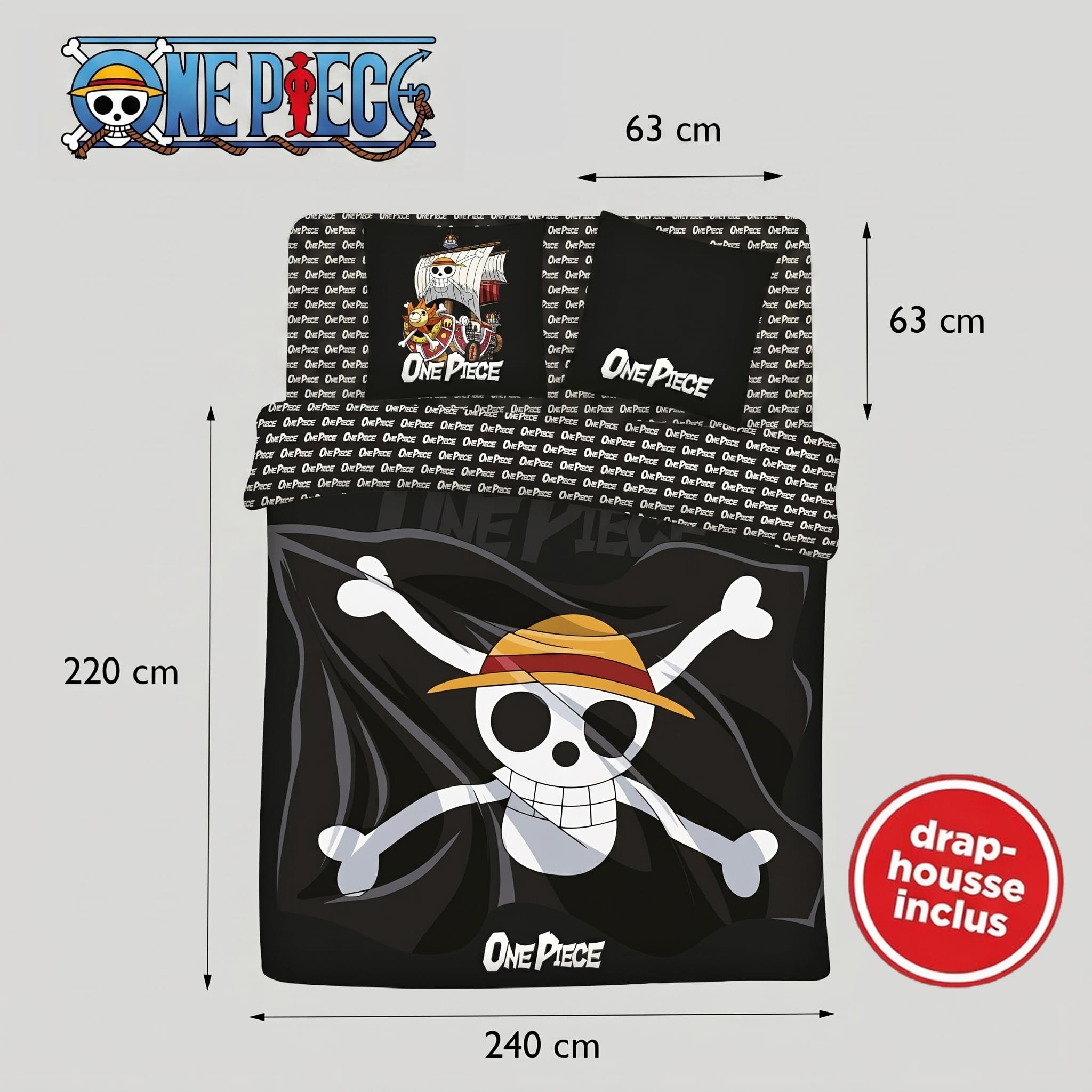 One Piece Bettwäsche 4-teilig Jolly Roger 240x220 + Spannbettlaken 140x200 | Mikrofaser Oeko-Tex | 2 Kissenbezüge 63x63 | Jolly Roger Thousand Sunny | Offizielle Lizenz | Teenager 15-30 | Wendbar