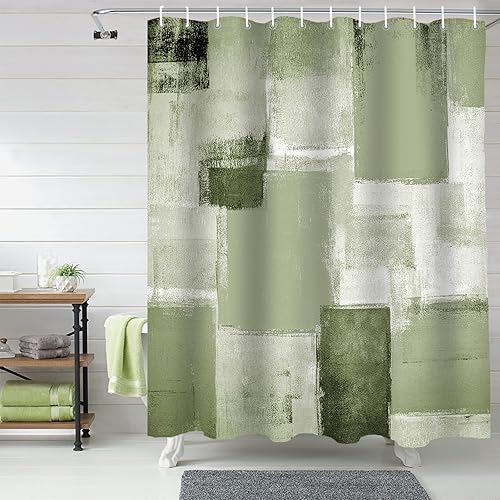 Miniatura 2 de Juego de cortinas de ducha impermeables con 12 ganchos, pintura abstracta, textura verde salvia, 72 x 72 pulgadas, decoración de baño, cortina de