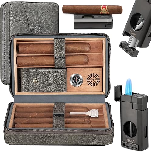 Miniatura 10 de TISFA Humidor de Viaje para Puros Humidor Portátil para Puros con Encendedor de Antorcha para Puros Todo en Uno, Humidificador de Puros, Higrómetro,