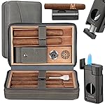 TISFA Cigar Humidor and Cigar Lighter Set, Portable Cigar Travel Case with Multifunctional Lighter, Includes Cigar V Cutter, Cigar Holder, Leather Humidor Cigar Box Cigar Gifts for Men (Stone Gray)