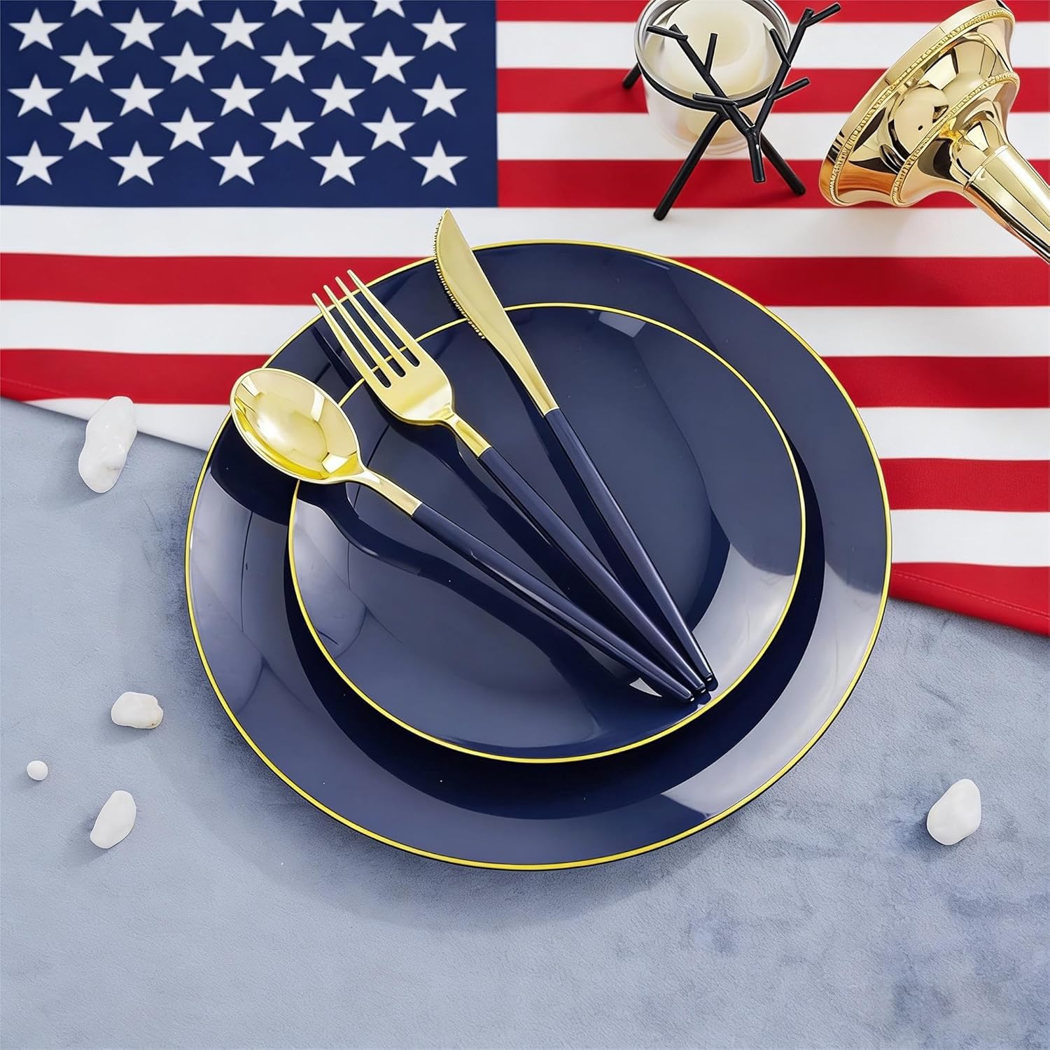 Liacere 150PCS Blue Plastic Plates - Gold Plastic Silverware with Blue Handle - Navy Disposable Plates Include 30 Guests Plates,Forks,Spoons,Knives for Hanukkah & New Year & Washington's Birthday - Image 6