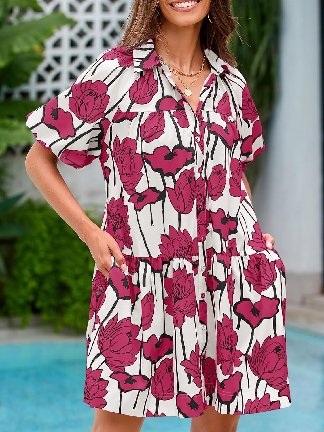 Wenrine Women's Summer Button Down Shirt Dress Floral Puff Short Sleeve Casual Loose Fit Beach Mini Dresses - Image 3