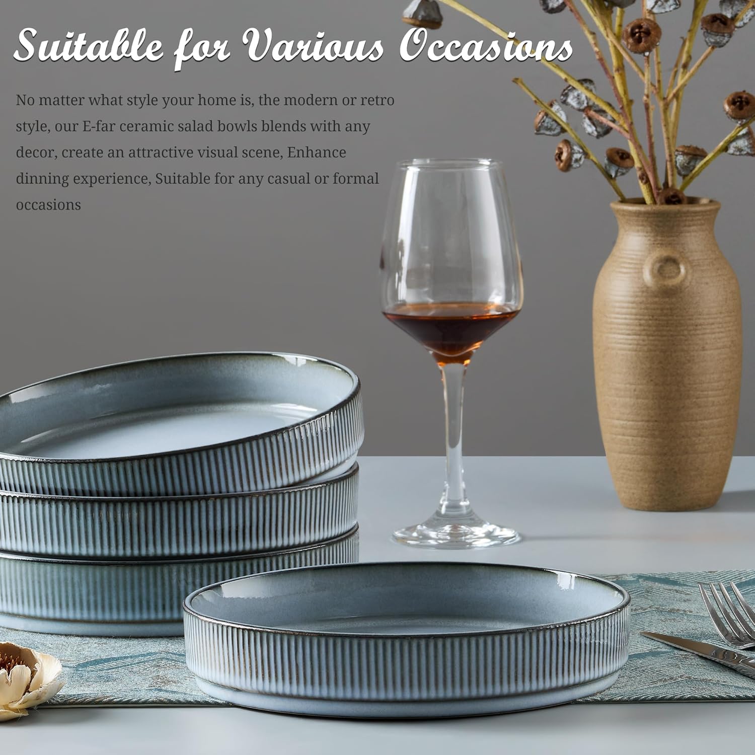 E-far Pasta Bowls Set of 4, 35oz Large Salad Bowl Plate for Dinner Serving Soup, Wide & Shallow Ceramic Stoneware Pasta Plates, Microwave & Dishwasher Safe, Reactive Glaze Textured Stripes, Dusty Blue