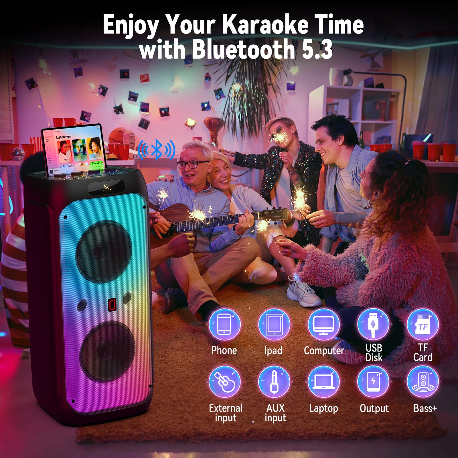 JYX Karaoke Machine with 2 Wireless Microphones for Adults, Karaoké Grand Format, 500W Large Karaoke Full Speaker with Party Lights, Portable Karaoke System Support TWS/AUX/FM/USB/TF Card