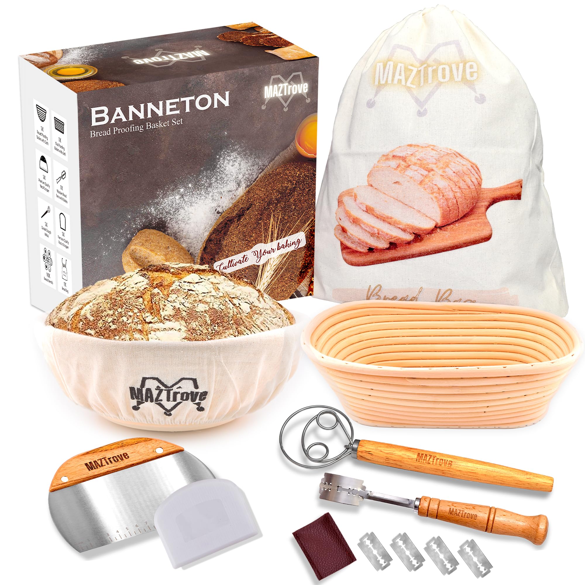 Banneton Bread Proofing Basket Set of 2 - Proofing Baskets 10" Oval and 9" Round Rattan Sourdough Bread Baking Supplies with Bread Lame, Dough Scrapers, Linen Liner, Dough Whisk, Stencils & Bag
