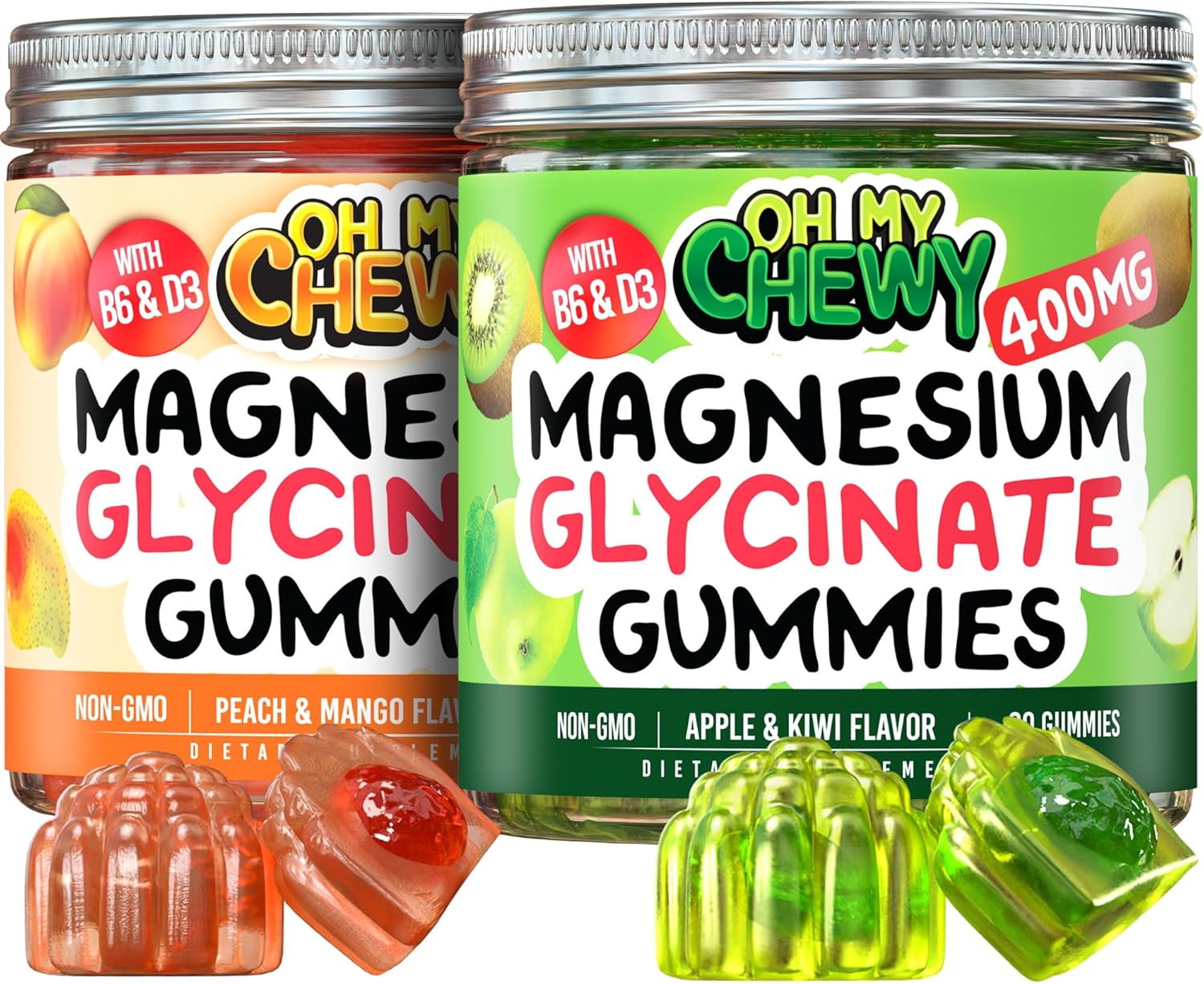 OH MY CHEWY Magnesium Gummies Bundle – 2 Bottles (60 Each) – Apple Kiwi & Peach Mango
