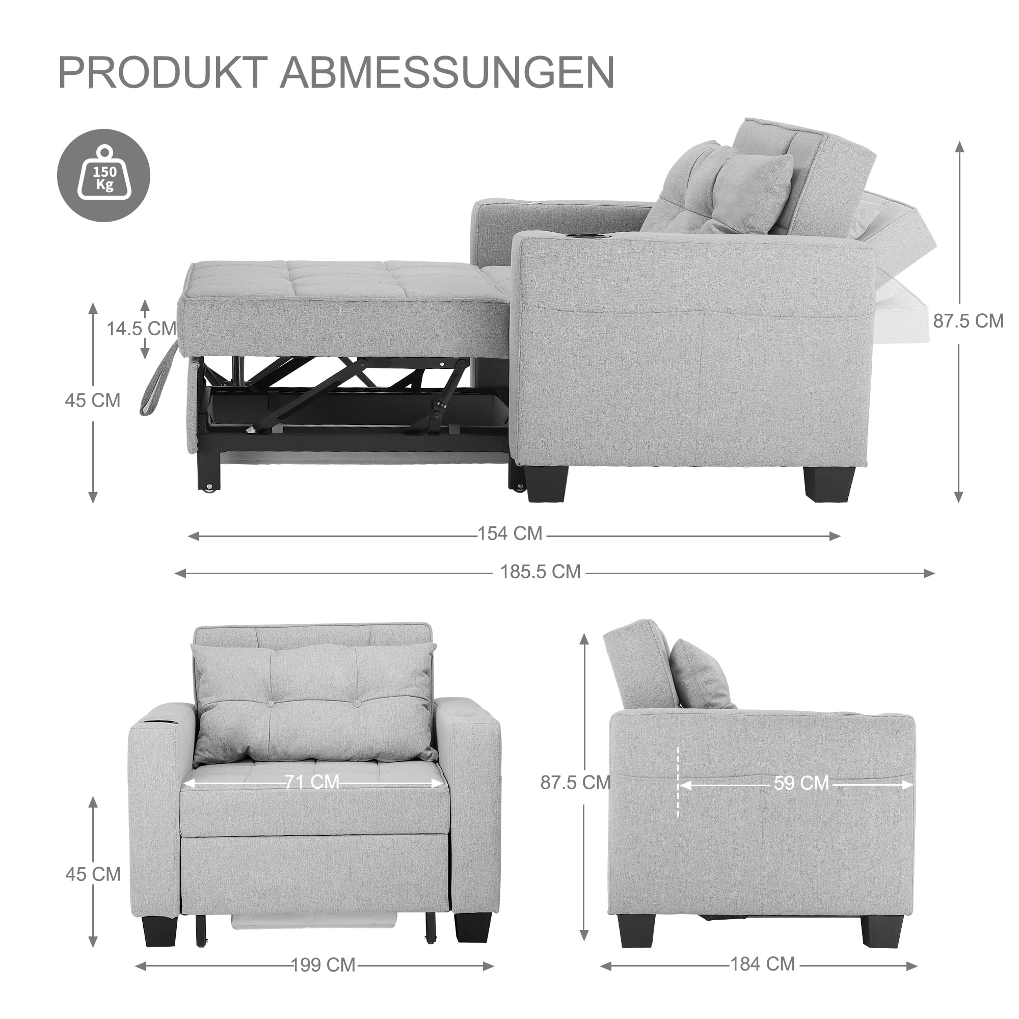 DURASPACE 3-in-1 Schlafsessel Schlafsofa,Verstellbares Schlafsofa