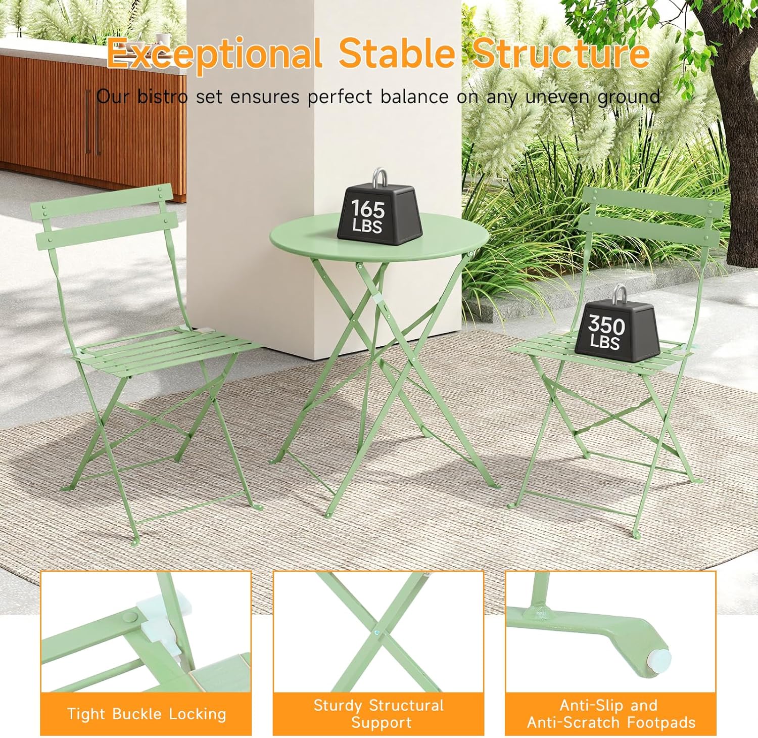 Bistro Table and Chairs set of 2, 3 Piece Folding Outdoor Patio Bistro Set with Comfortable Cushions, Weather-Resistant Stable Small Patio Furniture Set for Backyard Balcony Porch Coffee Shop, Green