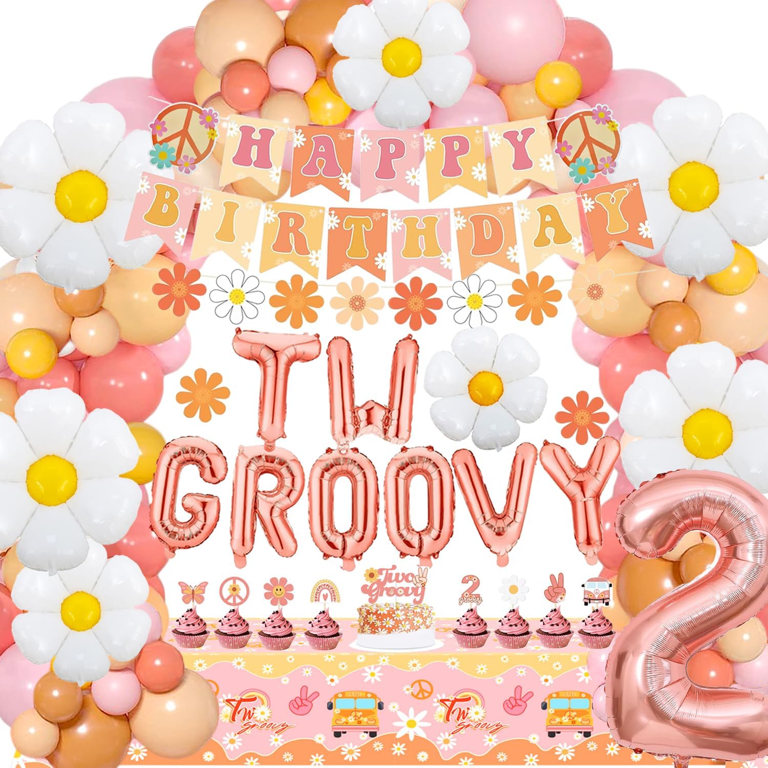 TsoifuTwo Groovy Girl 2nd Birthday Decorations: 125 Latex Balloons, Daisy Banners, Rose Gold '2', Tablecloth & Accessories