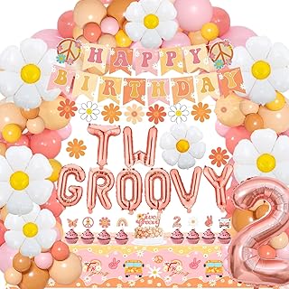 Tsoifu Two Groovy Birthday Decorations for Girl 2nd birthday, Two Groovy Party decorations Groovy Tablecloth Birthday Banner and Daisy Balloons Garland kit