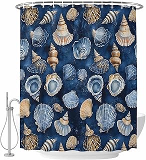 Shower Curtain for Bathroom Ocean Shell Conch Navy Blue Waterproof Bath Curtains Grommet Shower Curtains with Hooks for Bathtubs Toilet Decor 36x72in Summer Coastal Style