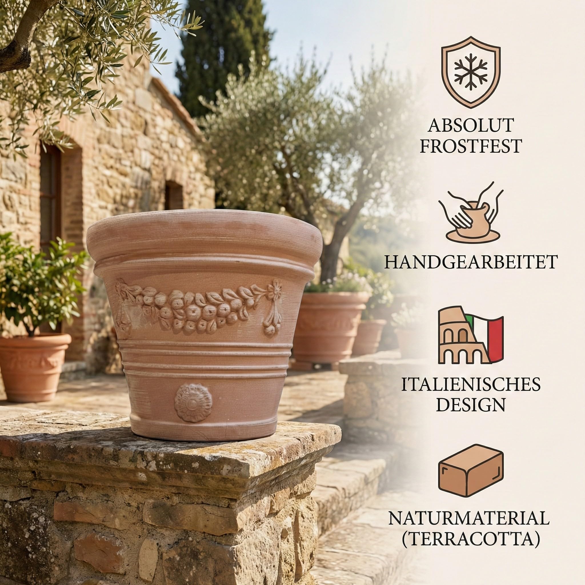Teramico Terrakotta Pflanzgefäß Festonato inkl. Teller (35cm) | Absolut frostfestes, handgearbeitetes Terrakotta Gefäß in bester Premium Qualität für den Außenbereich mit Wasserablauf