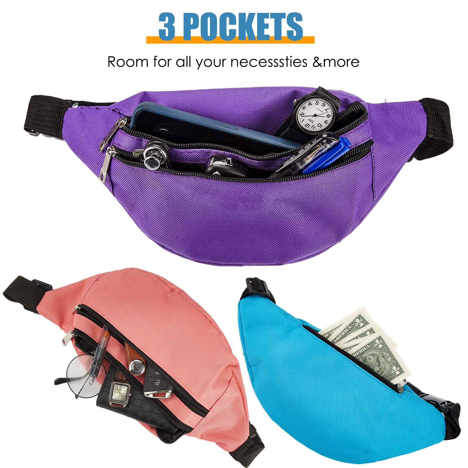 20 Stück Bauchtasche Bulk 80er 90er Jahre Bauchtasche Sport Leichte Gürteltasche Verstellbare Übung Hüfttasche Laufen Hüfttasche mit verstellbarem Gürtel und 2 Reißverschlüssen für Damen Herren Reisen