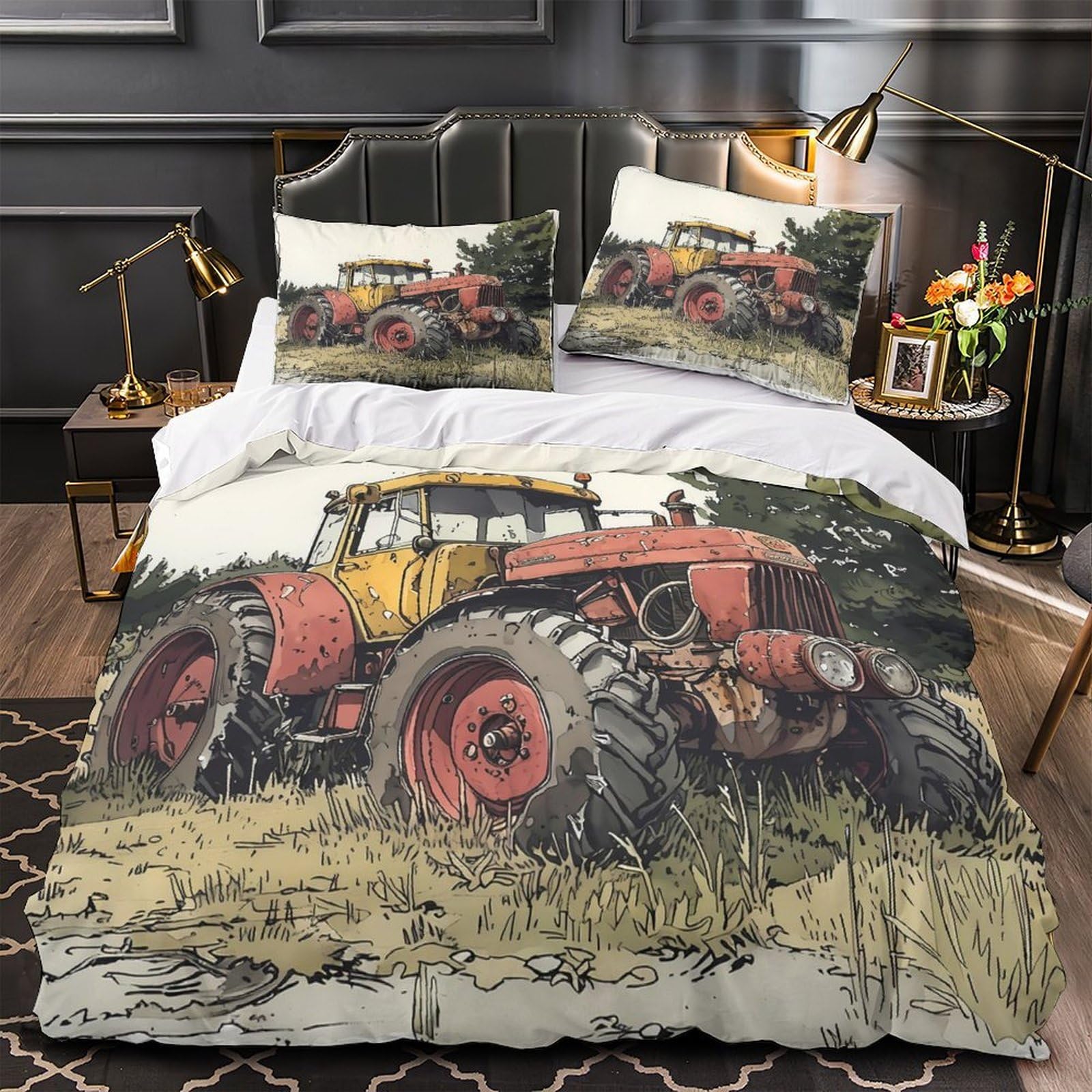 Parure de Lit 3D Camion Rouge Vintage en Microfifre Super King 260x220 cm