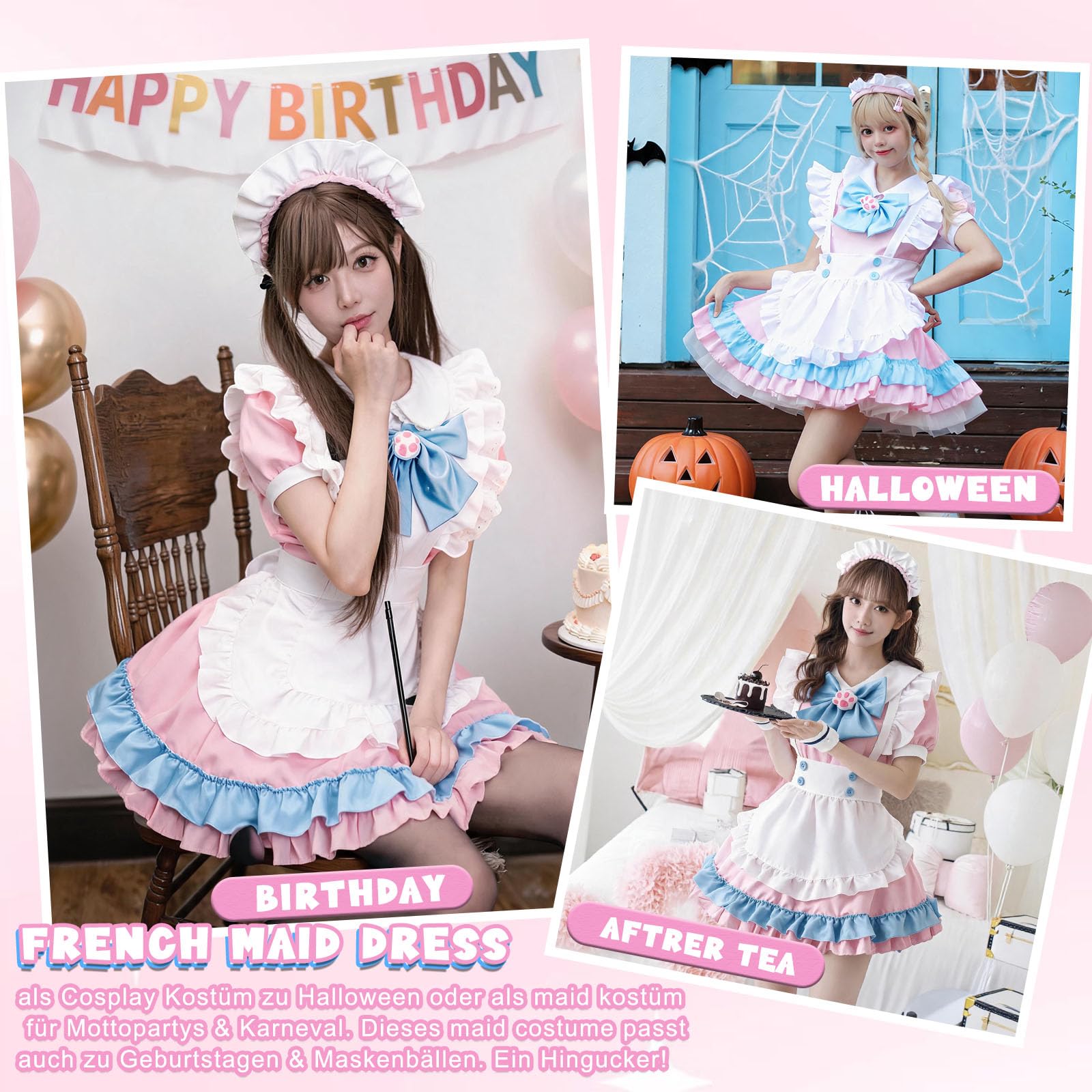 Maid Dress Damen Anime French Maid Outfit Lolita Dienstmädchen Kleid Lolita Dress mit Katzenohren Stirnband Handschuhe Strümpfe für Halloween Karneval Cosplay Party