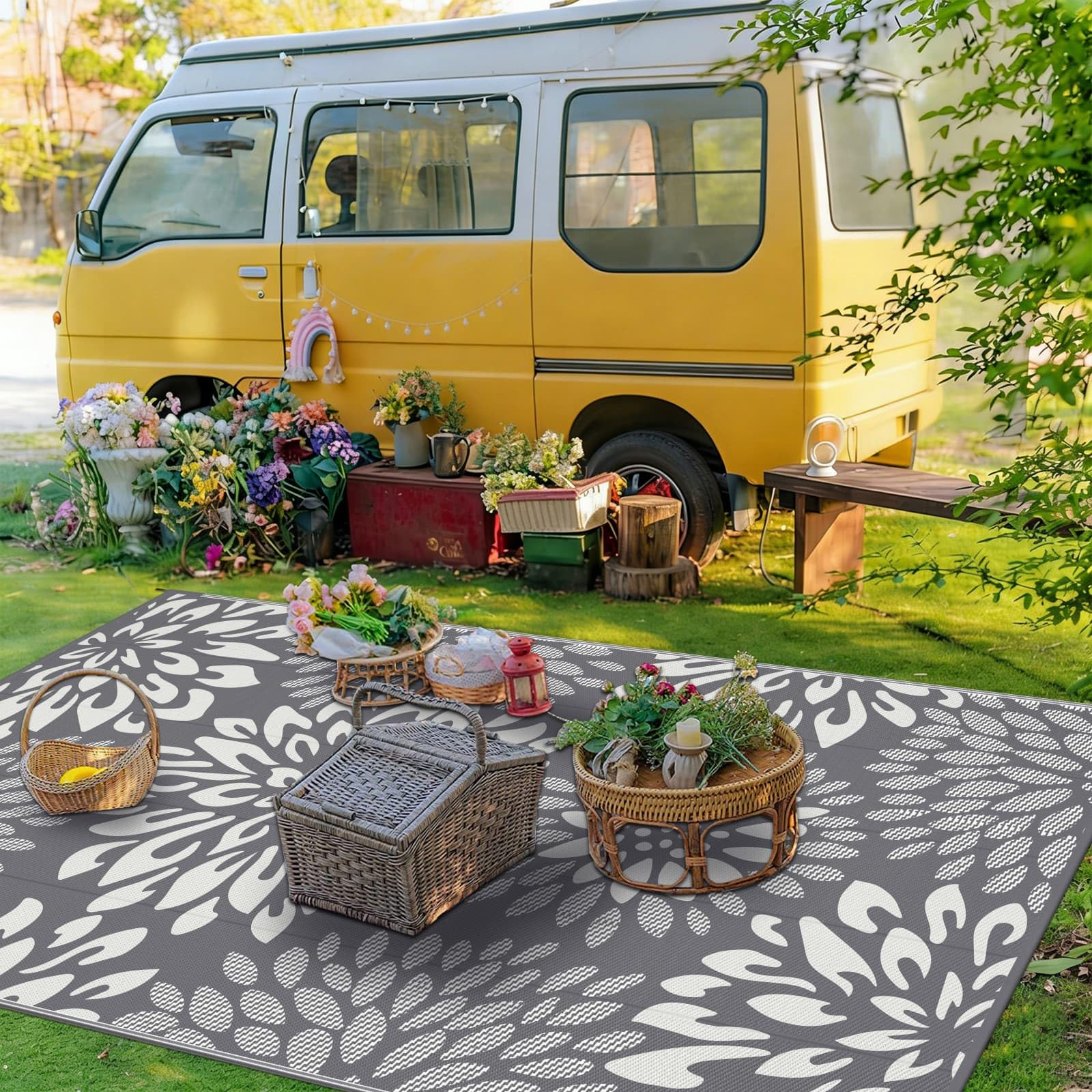 SHACOS Outdoor Teppich Wetterfest, Wendbarer Vorzeltteppich UV-Beständig, Balkon Teppich Leicht Kunststoff, für Camping Wohnmobil Garten Terrassen, Blätter Grau, 180 x 270 cm