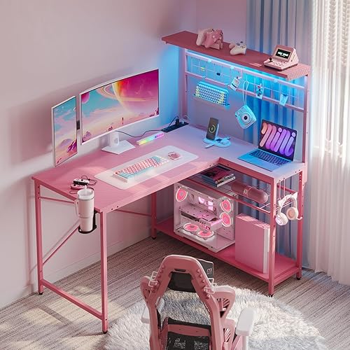 Bestier 42 L Gaming Desk,Computer Desk with Power Outlets, LED Lights, Reversible Corner Desk with 4-Tier Shelves,Cup Holder & Hook Carbon Fiber Pink - Carbon Fiber Pink - 42 Inch