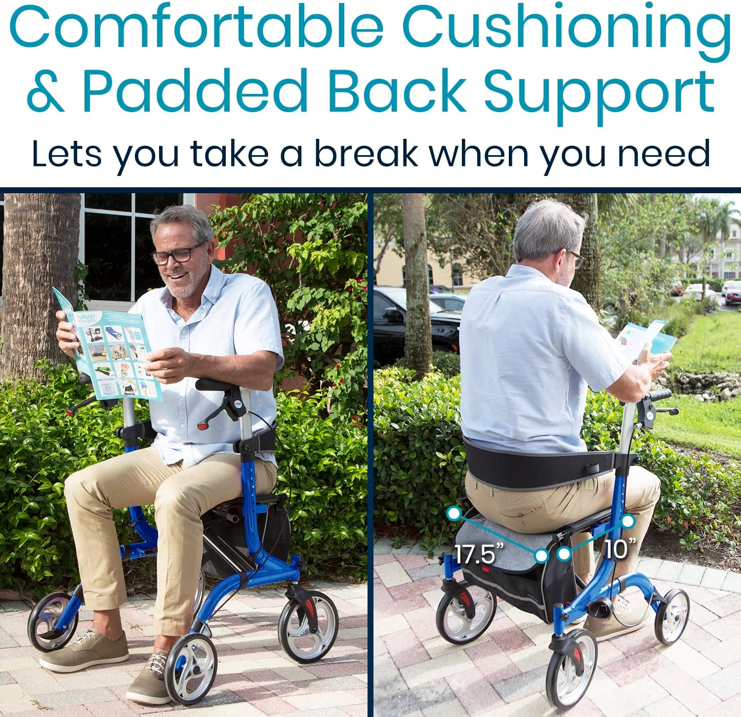 A person sitting on the Vive Rollator Walker's seat, demonstrating comfortable cushioning and padded back support.