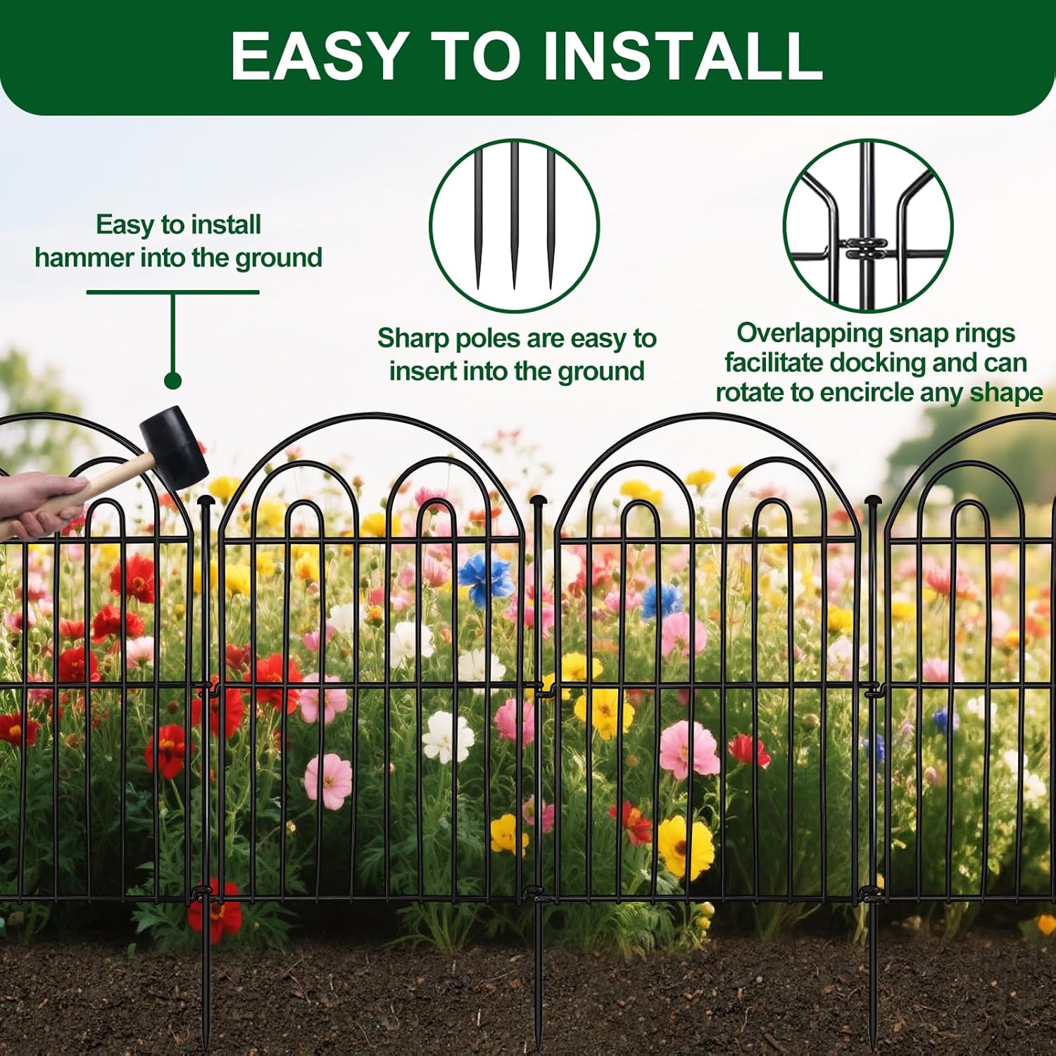 Decorative Garden Fence 17in x 10.8ft (10 Panels), Rustproof Metal No Dig Arched Garden Border Fencing with Stakes, Small Animal Barrier Flower Bed Fence for Yard Patio Outdoor Decor