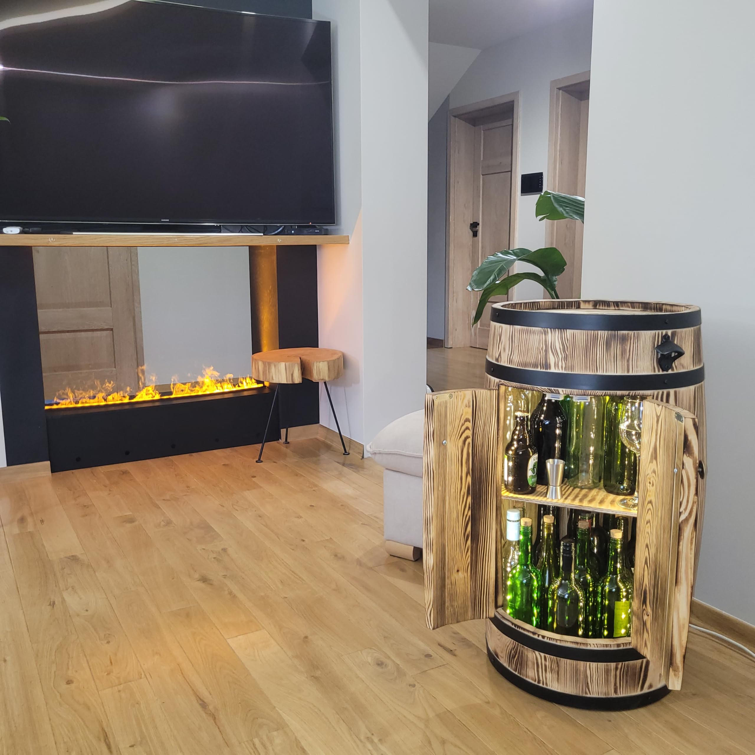 weeco Casa bar in botte di legno con illuminazione a LED e porte, 2 ripiani per bottiglie, stile rustico, mobili da bar 80 x 50 cm