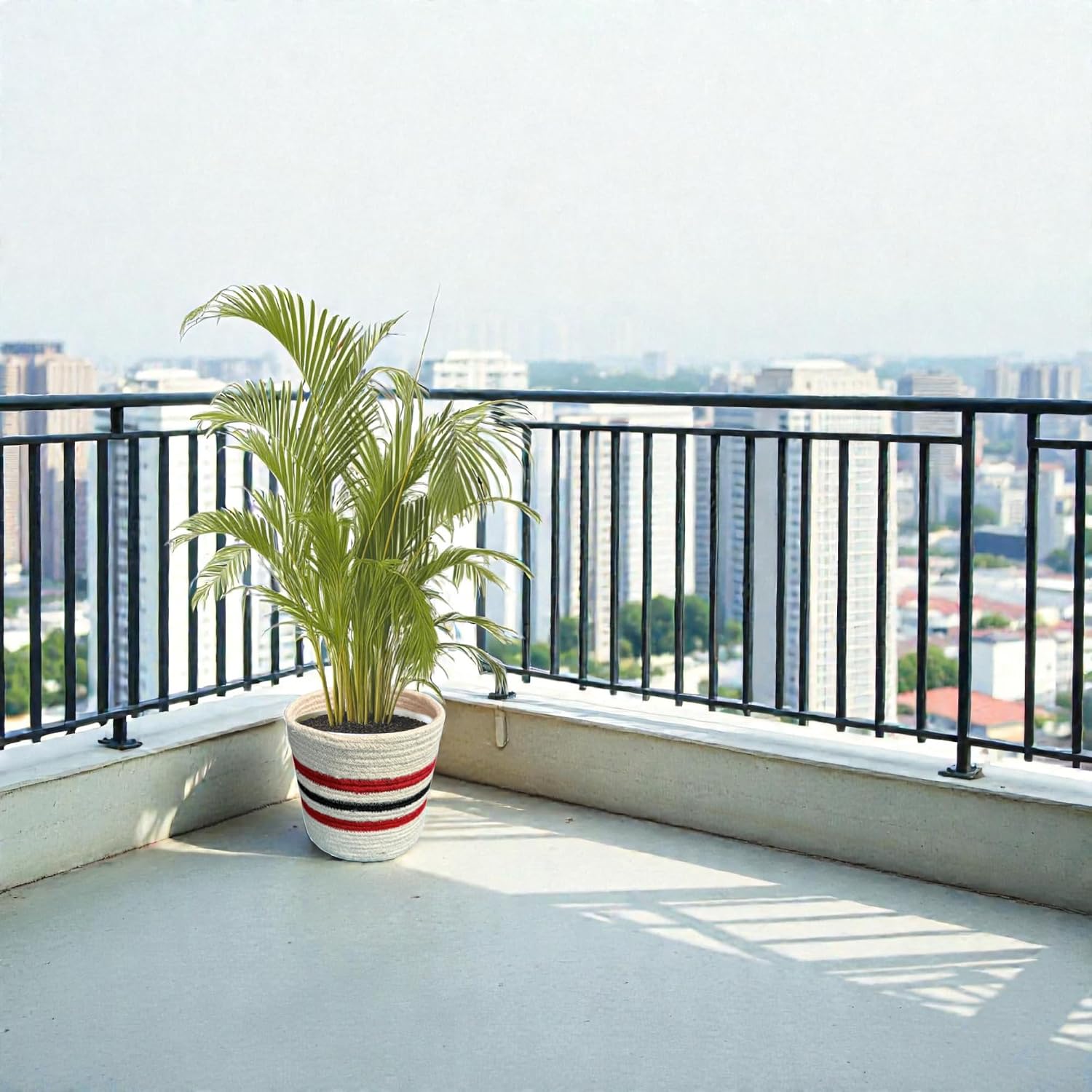 Plant Basket Set of 5, Handwoven Jute Planter Baskets for Indoor Plants, Home Decor and Nursery, Woven Rope Baskets, 5 to 8 Inch, White with Red and Black Stripes