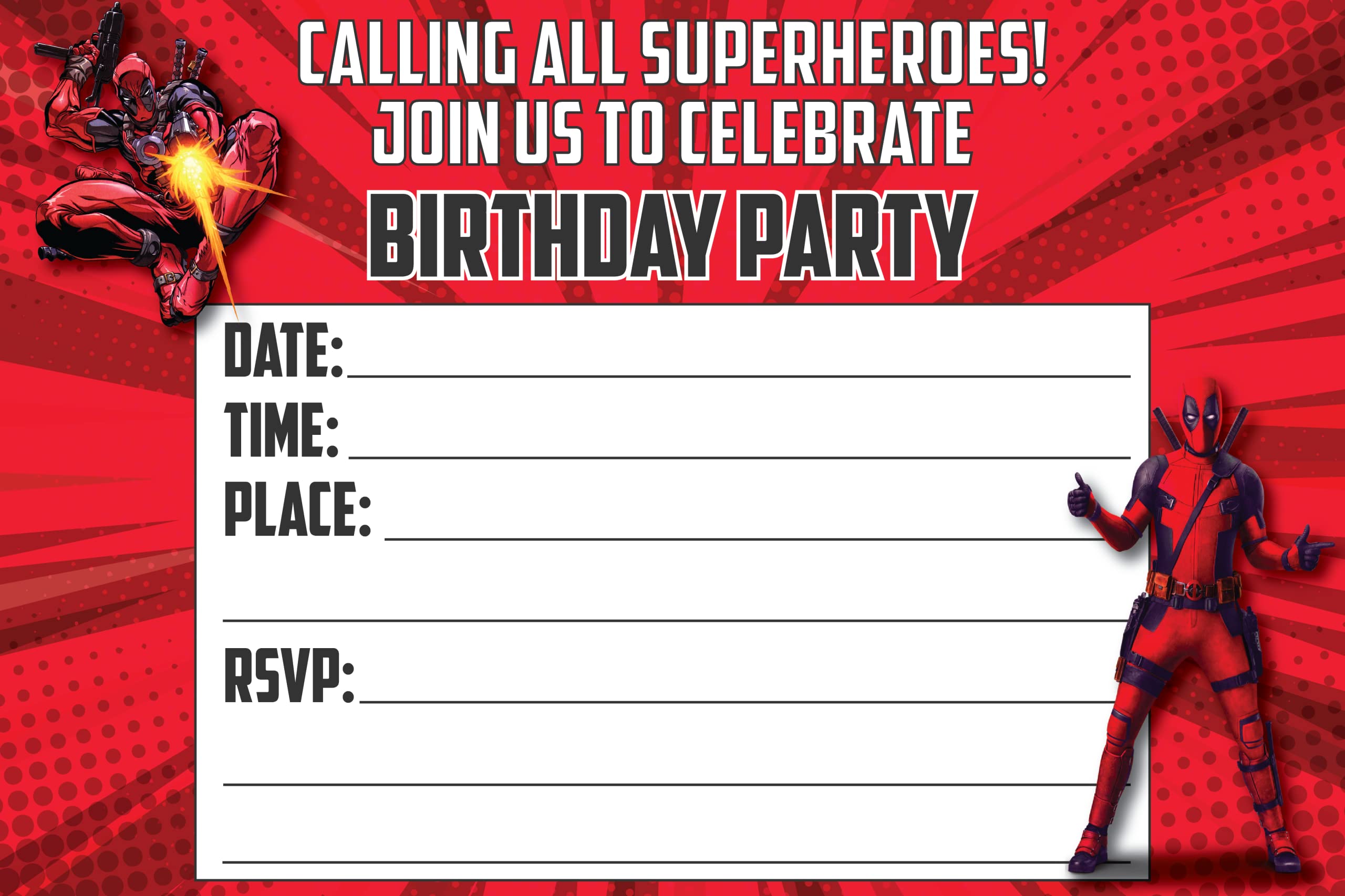 Deadpool Invitation Cards and Envelopes – 20 Fill-in Invites for Kids Birthday Bash and Theme Party, 10X15 cm, Postcard Style