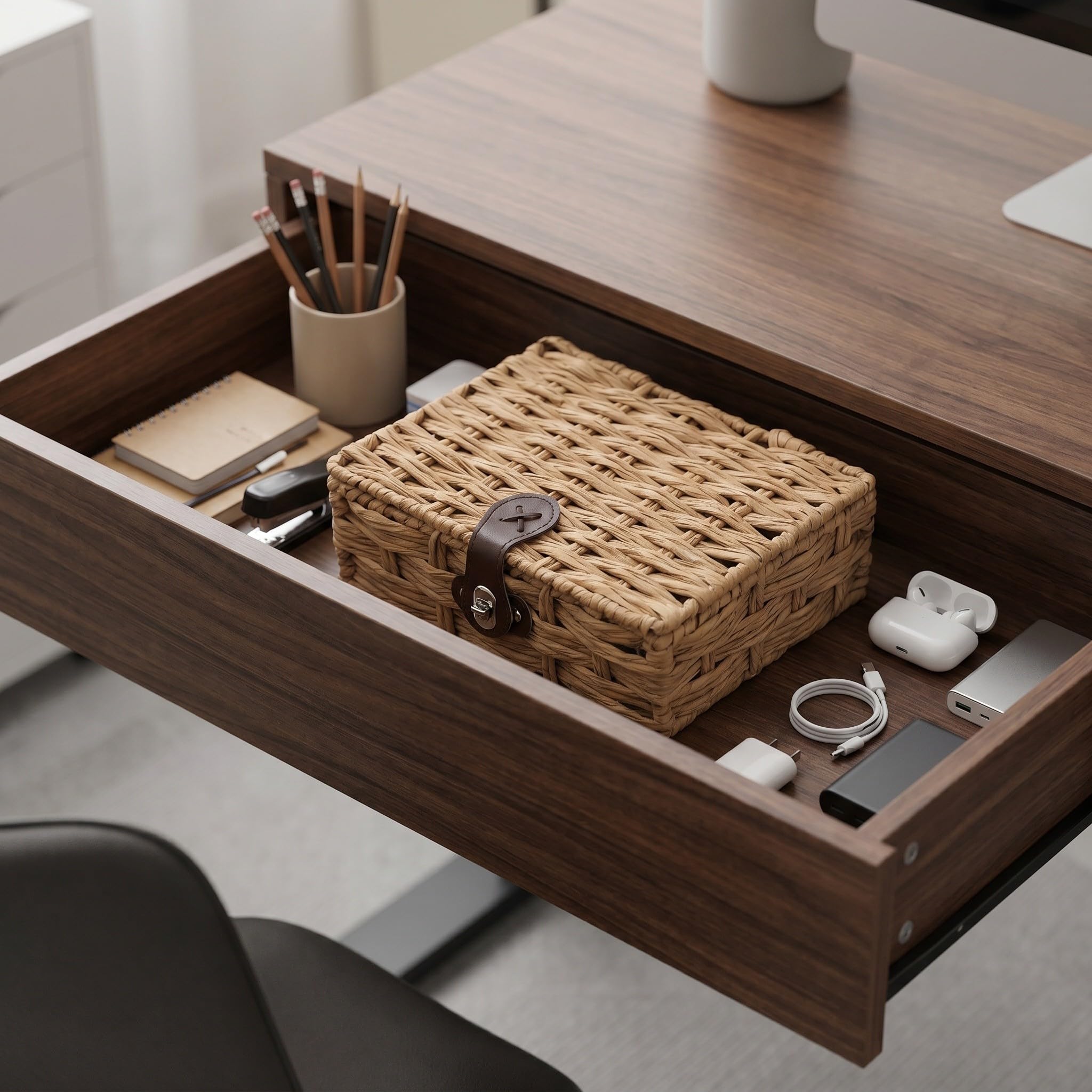 POPETPOP Caja de Almacenamiento Trenzada con Tapa Abatible, Estilo Boho
