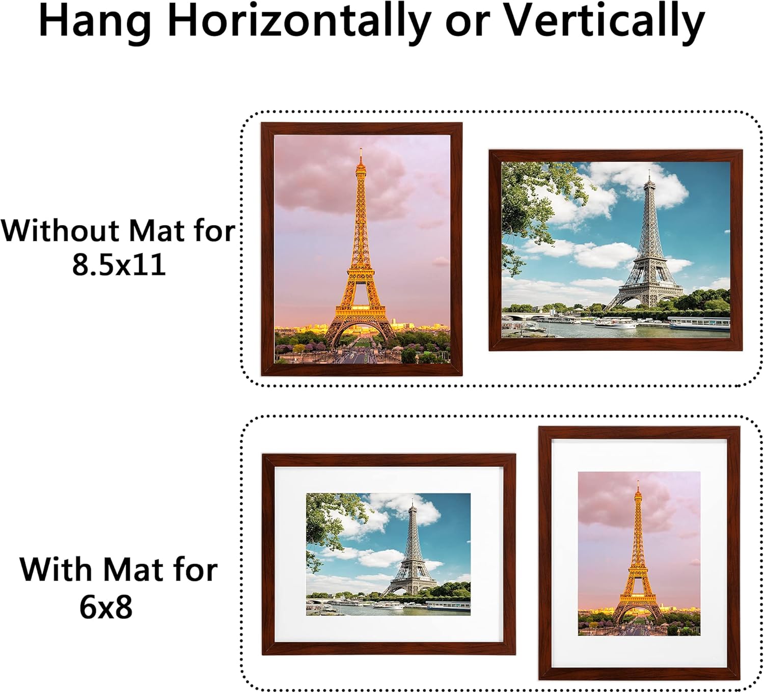 upsimples 8.5x11 Picture Frame Set of 3,Made of High Definition Glass for 6x8 with Mat or 8.5x11 Without Mat,Wall Mounting Photo Frame Black -