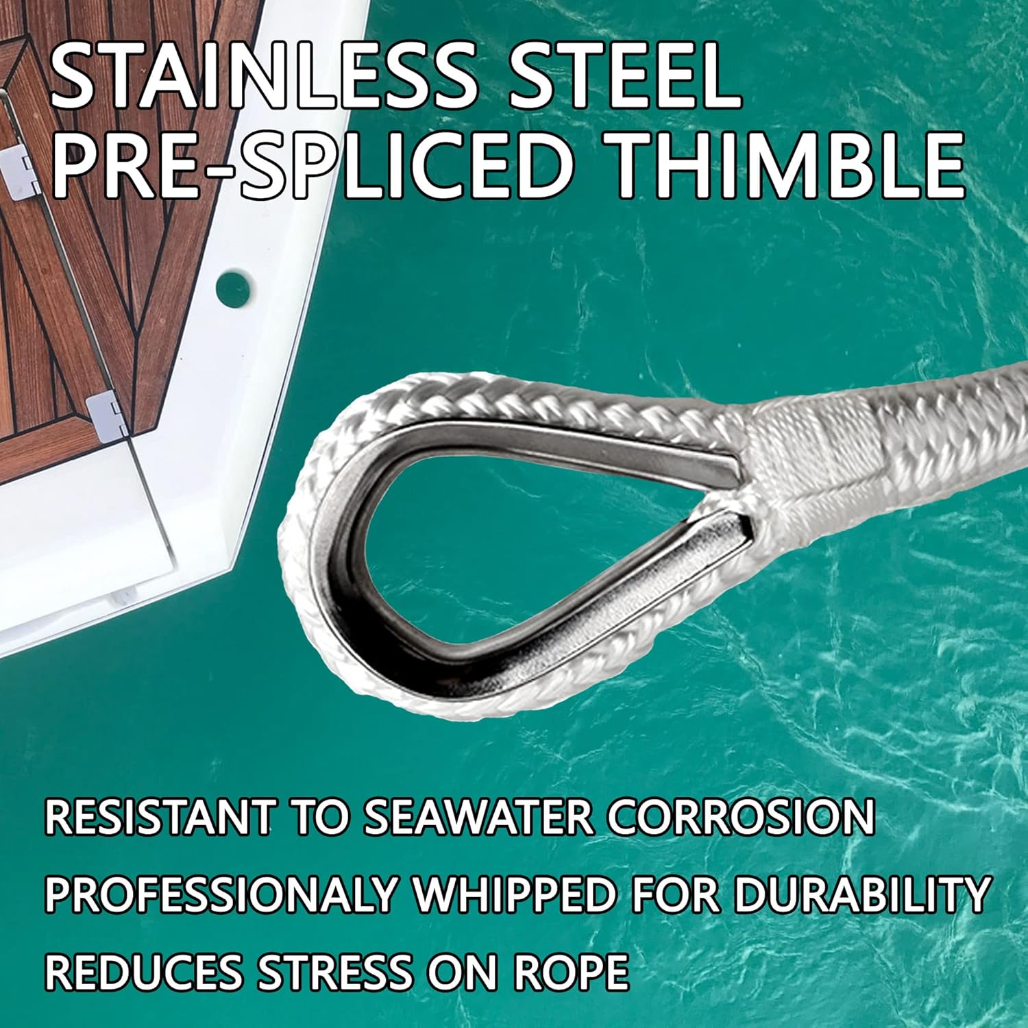 Boat Anchor Rope 3/8" x 100' Premium Solid Double Braided Nylon Anchor Line,with 1/4" x 4' Stainless Steel Anchor Chain,with Thimble & Shackle (White) - Image 6