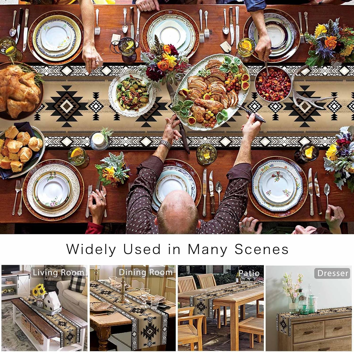 Native American Southwest Ethnic Style Table Runners - 60 Inches Long,Burlap Linen Table Runner Dresser Scarves Geometric Tribal Abstract Art Tabletop Scarf for Dining Room Kitchen Holiday Party