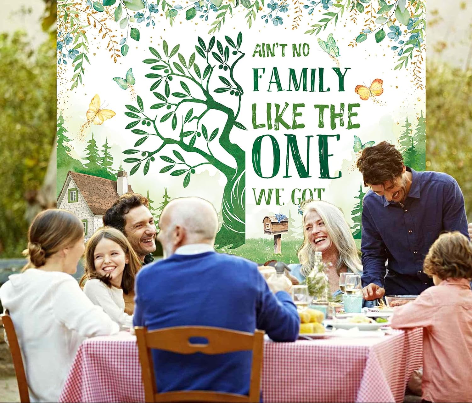 family reunion backdrop green eucalyptus leaves family tree reunion photography background welcome home gathering decorations banner supplies (7x5ft?210x150cm?)
