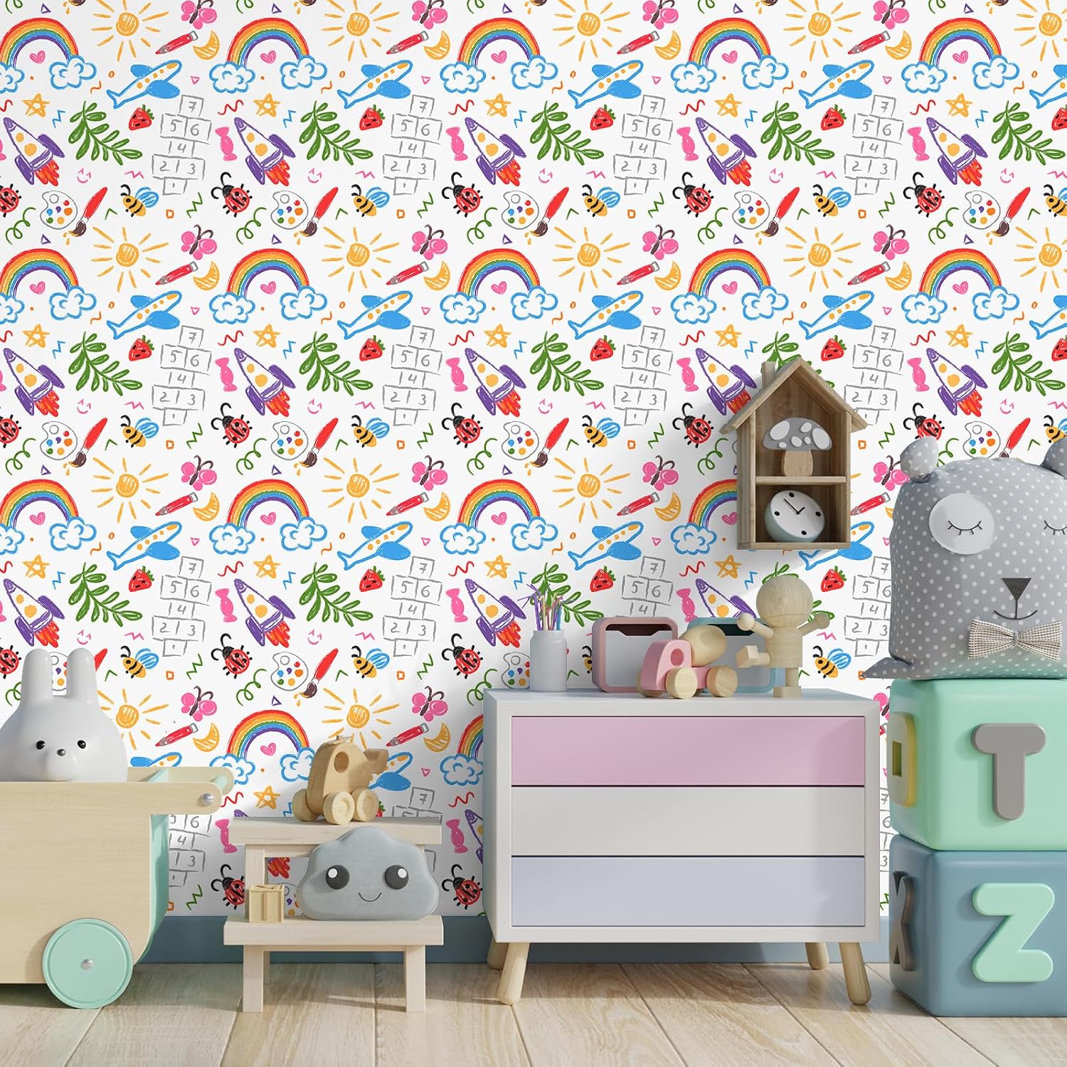 Crayon Doodle Wallpaper for Kids Room Cartoon Rainbow Rocket Plane Wallpaper for Nursery Peel and Stick Hand Drawn Cute Contact Paper Childish Wall Paper for Boys Bedroom 17.7"x157"