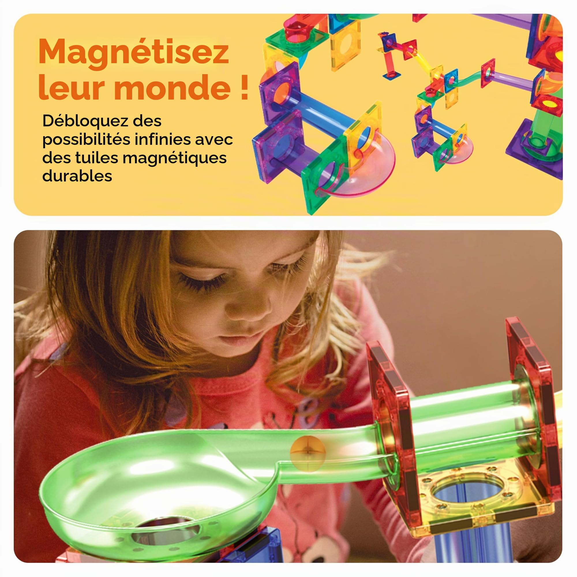 PicassoTiles PTG108 Ensemble de 108 pièces magnétiques en marbre avec tuiles de construction et toboggans de voiture pour enfants à partir de 3 ans