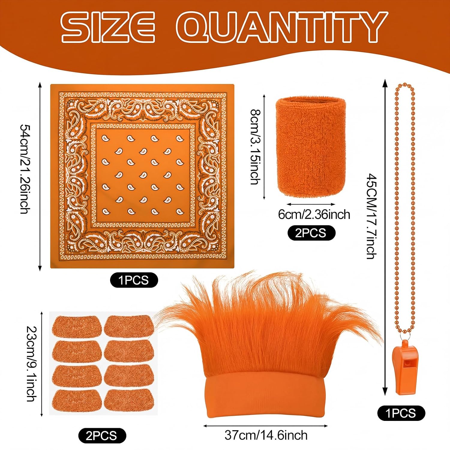 Bonuci 72 Pcs Orange Spirit Wear Man Accessories Items Bulk Team Spirit Week Field Day Camp Spirits Color War Accessories Fake Mustache Crazy Hair Wig Bandana Tattoo Noisemaker Eye Black