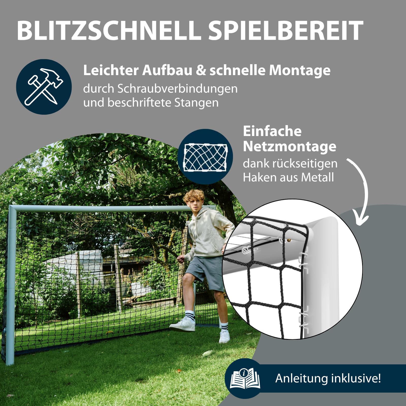HUDORA Fußballtor Advanced 120/180/240/300 - Fußballtor für Kinder/Jugendliche & Erwachsene - Outdoor-Fußball-Tor für Garten - Wetter- & standfestes Fußball-Trainingstor mit engmaschigem Netz